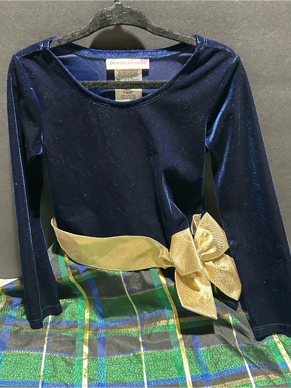 Bonnie Jean Navy Velvet Top with Green Plaid Skirt & Gold Bow